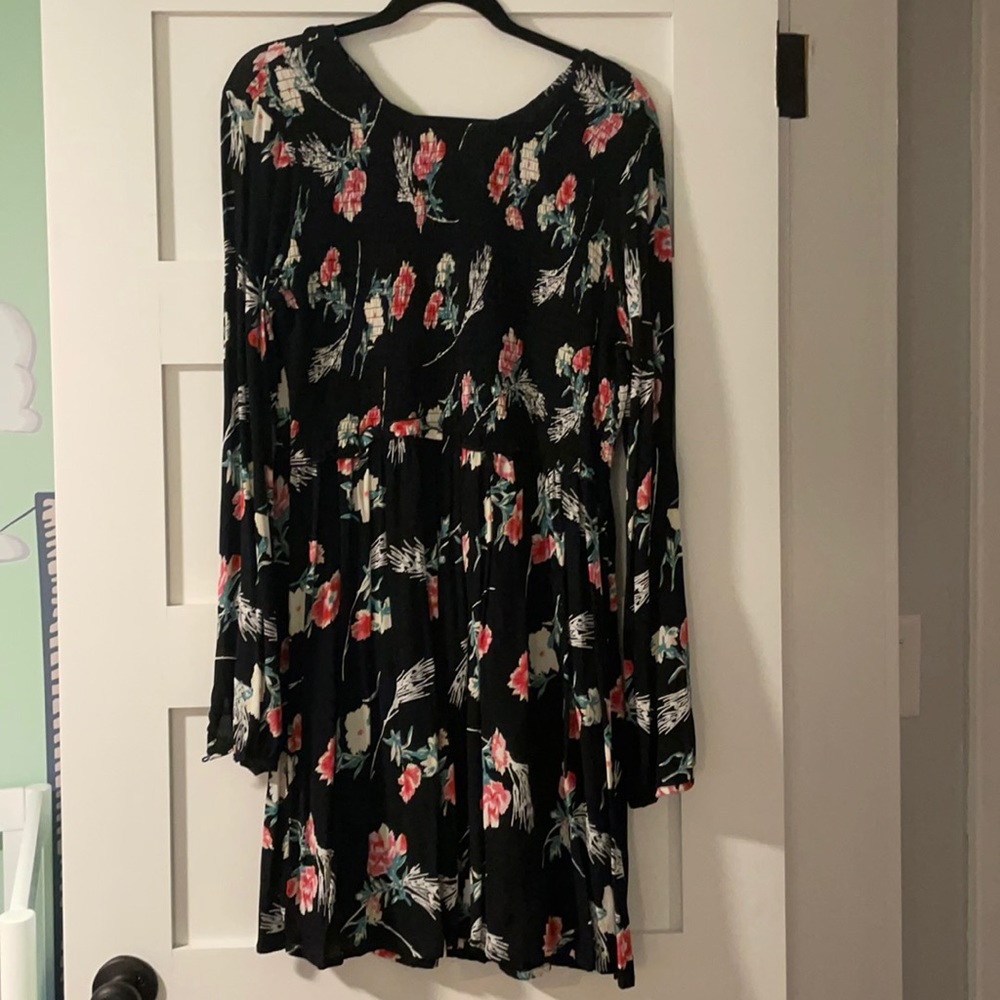 Black floral smocked fit and flare dress - size 12